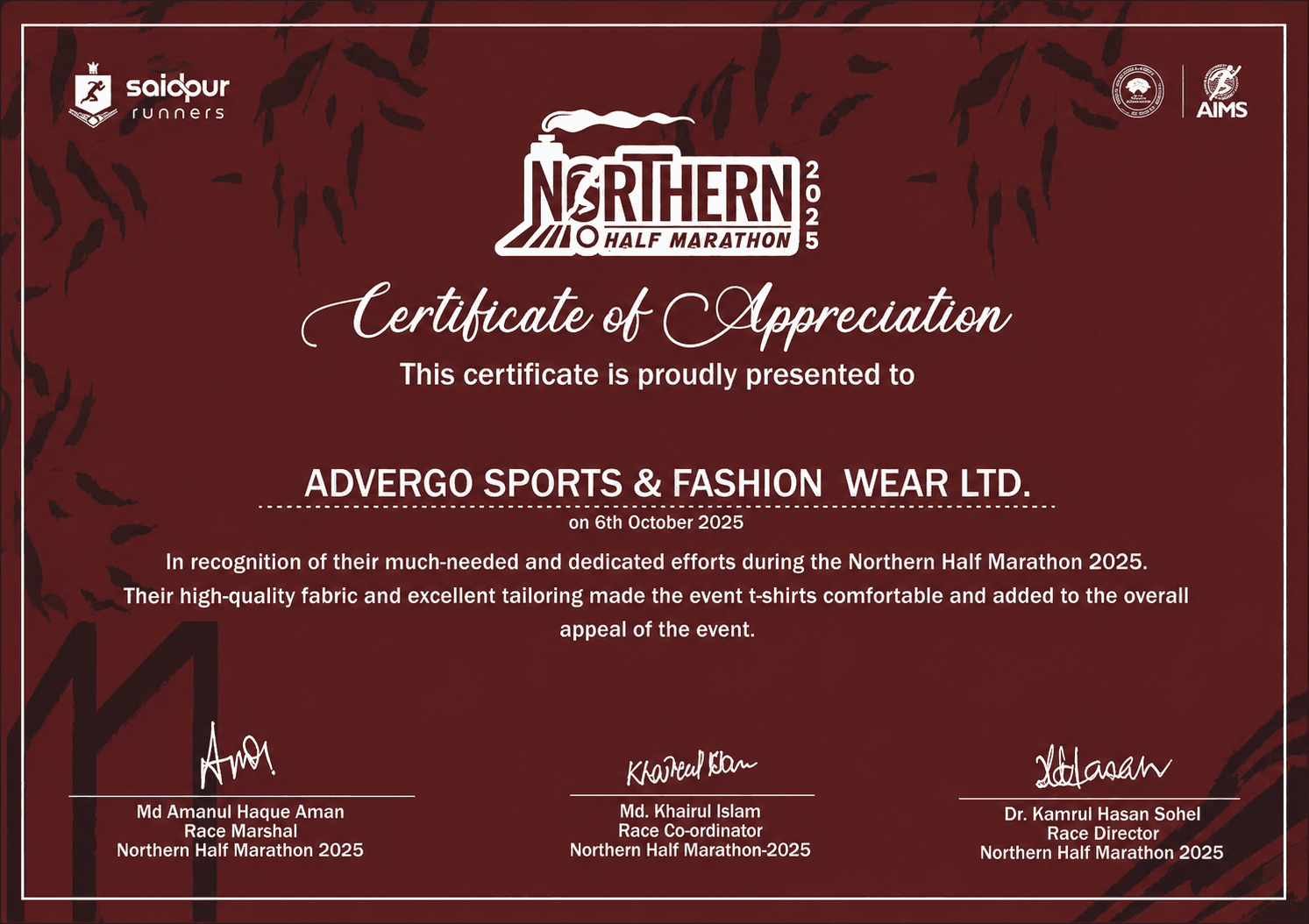 Northern Half Marathon 2025 – Certificate of Appreciation